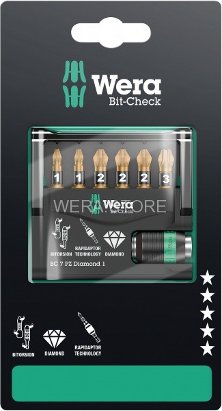 Набор бит в блистерной упаковке WERA Bit-Check 7 PZ Diamond 1 SB, 7 предметов WE-073534