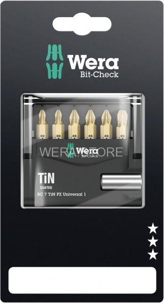 Набор бит в блистерной упаковке WERA Bit-Check 7 TiN PZ Universal 1 SB, 7 предметов WE-073538